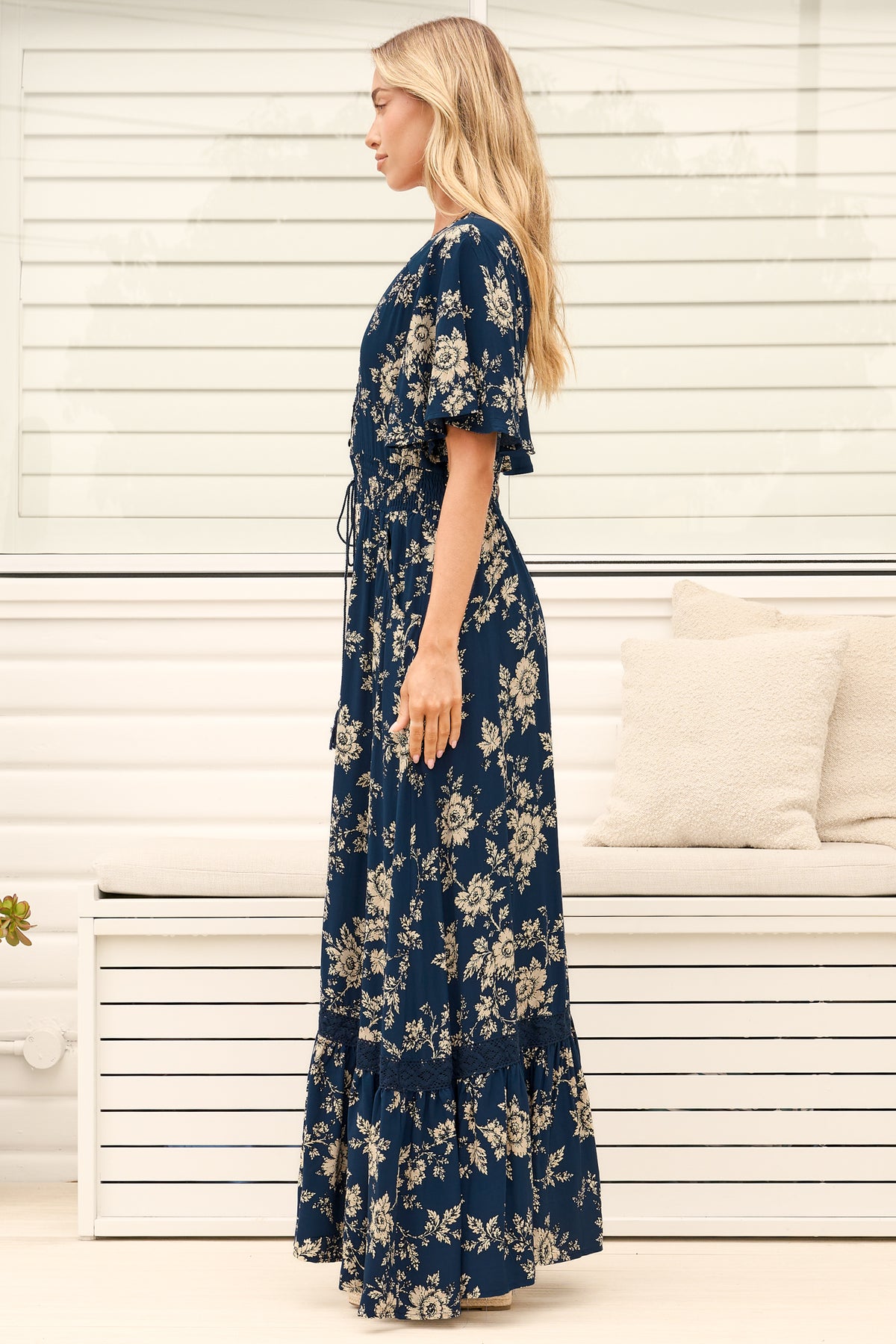 Model wearing Balenca Maxi Dress in Salvia Print Navy from Salty Crush
