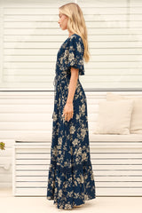 Model wearing Balenca Maxi Dress in Salvia Print Navy from Salty Crush