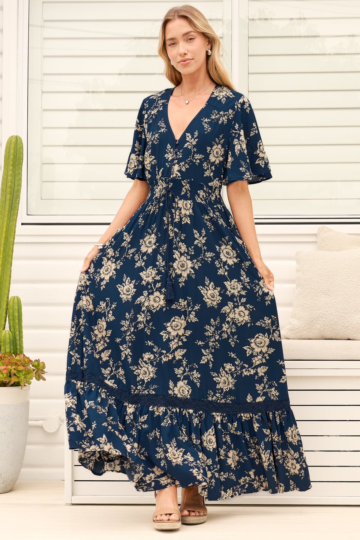 Model wearing Balenca Maxi Dress in Salvia Print Navy from Salty Crush