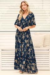 Model wearing Balenca Maxi Dress in Salvia Print Navy from Salty Crush