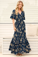 Model wearing Balenca Maxi Dress in Salvia Print Navy from Salty Crush