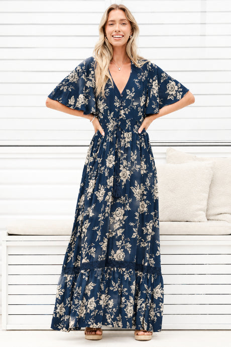Model wearing Balenca Maxi Dress in Salvia Print Navy from Salty Crush