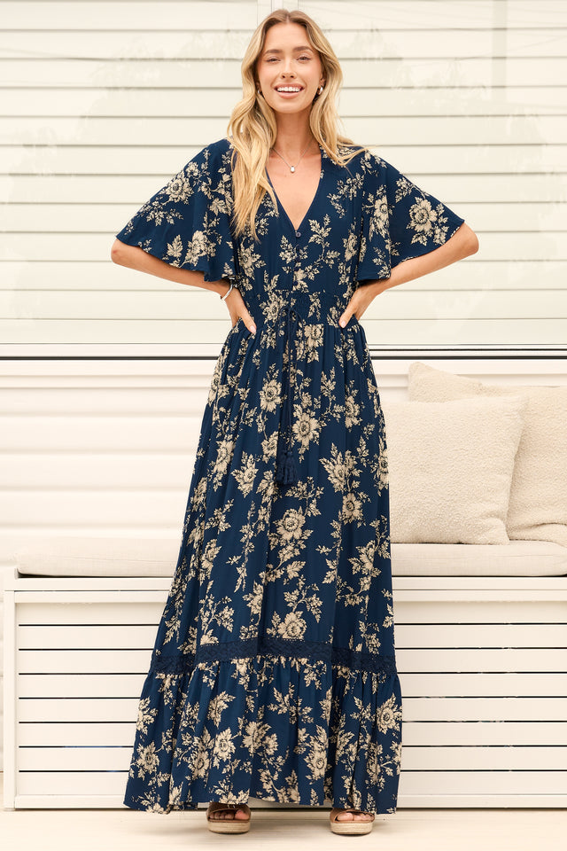 Model wearing Balenca Maxi Dress in Salvia Print Navy from Salty Crush