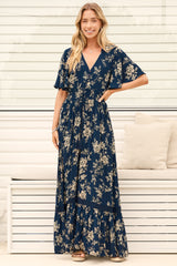 Model wearing Balenca Maxi Dress in Salvia Print Navy from Salty Crush