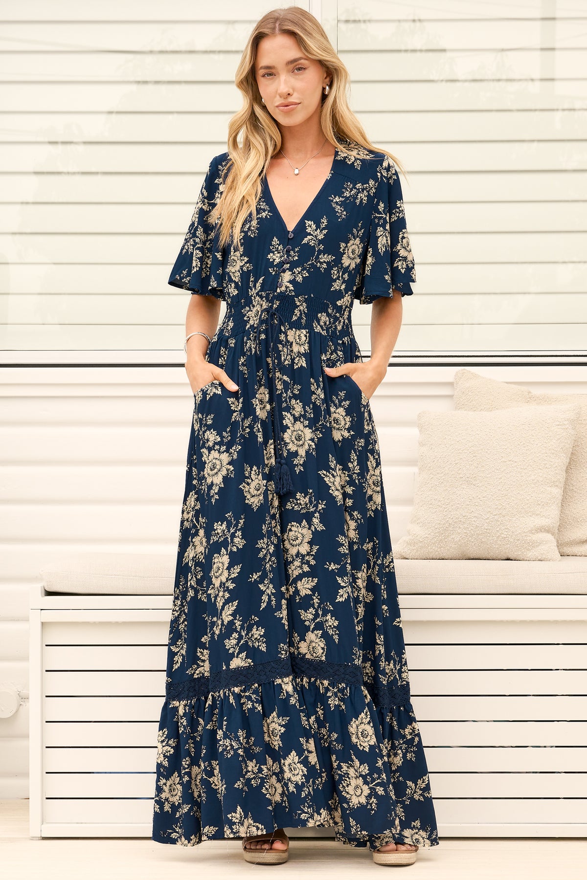 Model wearing Balenca Maxi Dress in Salvia Print Navy from Salty Crush
