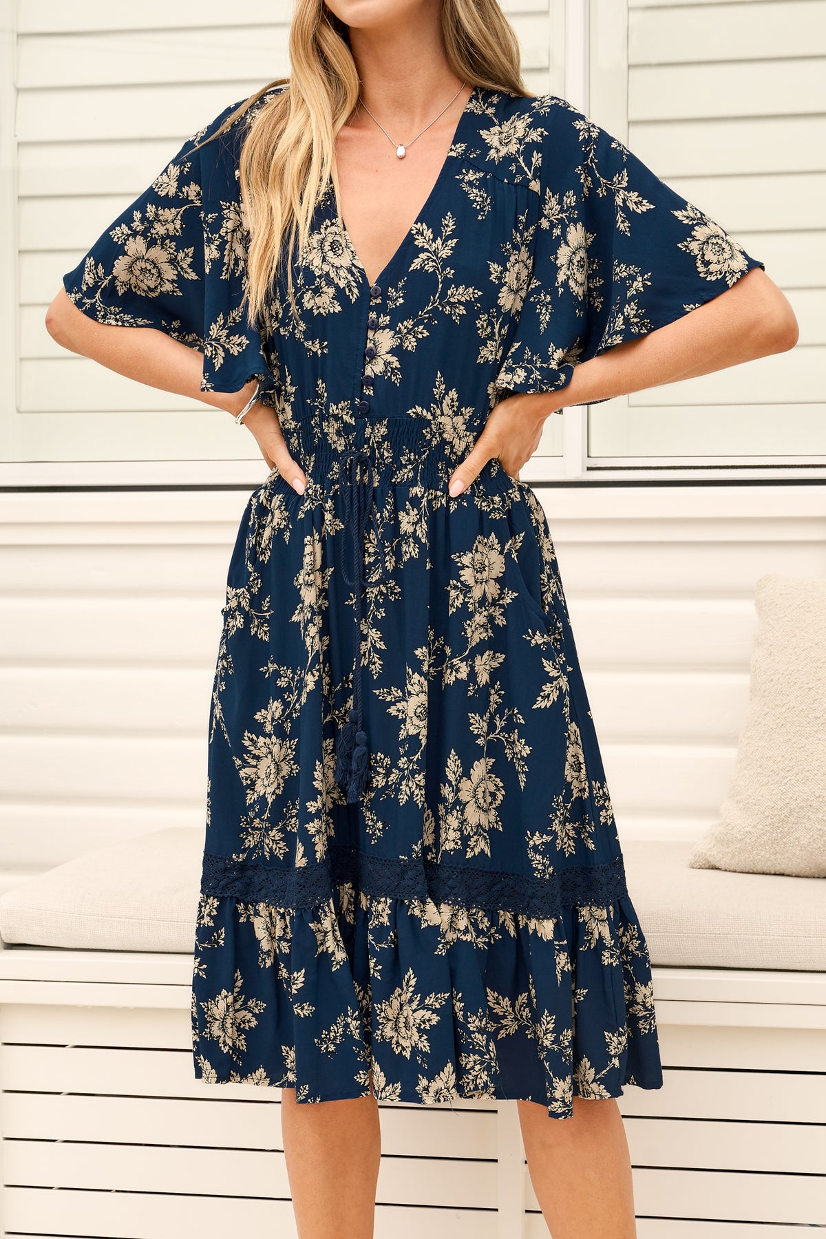Model wearing Balenca Mini Dress in Salvia Print Navy from Salty Crush