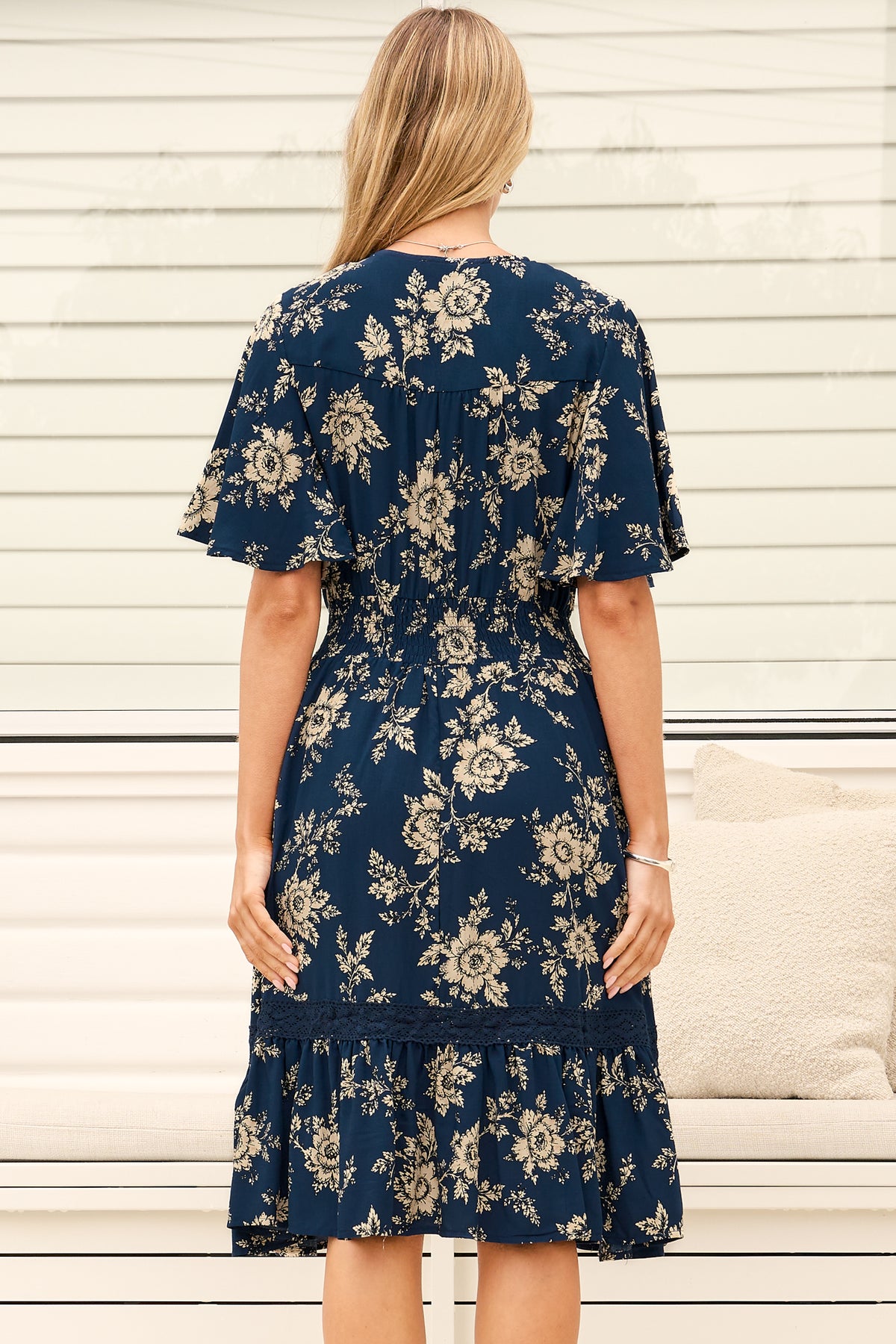 Model wearing Balenca Mini Dress in Salvia Print Navy from Salty Crush