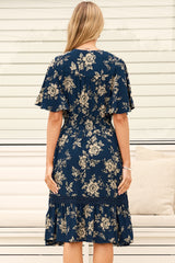 Model wearing Balenca Mini Dress in Salvia Print Navy from Salty Crush