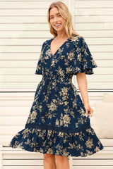 Model wearing Balenca Mini Dress in Salvia Print Navy from Salty Crush