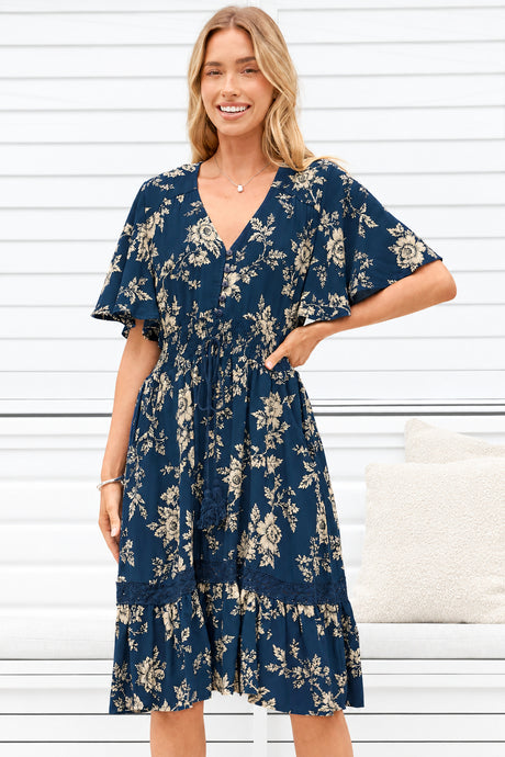 Model wearing Balenca Mini Dress in Salvia Print Navy from Salty Crush