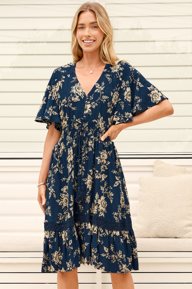 Model wearing Balenca Mini Dress in Salvia Print Navy from Salty Crush