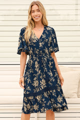 Model wearing Balenca Mini Dress in Salvia Print Navy from Salty Crush
