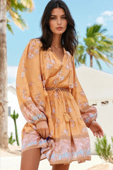 Bali Mini Dress - V Neck with Tassel Tie A Line Dress in Mango Paper Crane Print