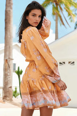 JAASE - Bali Mini Dress: V Neck with Tassel Tie A Line Dress in Mango Paper Crane Print