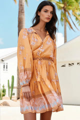 JAASE - Bali Mini Dress: V Neck with Tassel Tie A Line Dress in Mango Paper Crane Print