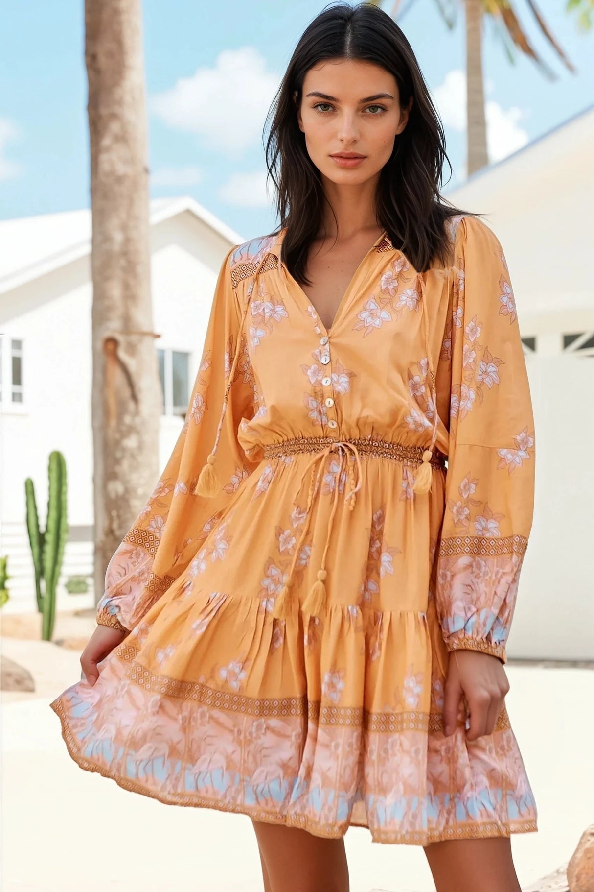 JAASE - Bali Mini Dress: V Neck with Tassel Tie A Line Dress in Mango Paper Crane Print