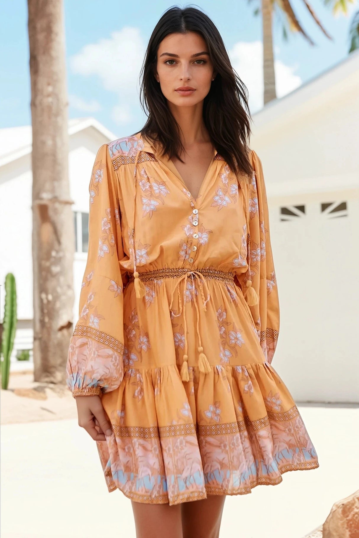 JAASE - Bali Mini Dress: V Neck with Tassel Tie A Line Dress in Mango Paper Crane Print