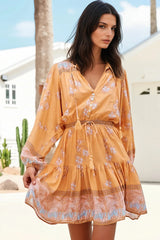 JAASE - Bali Mini Dress: V Neck with Tassel Tie A Line Dress in Mango Paper Crane Print