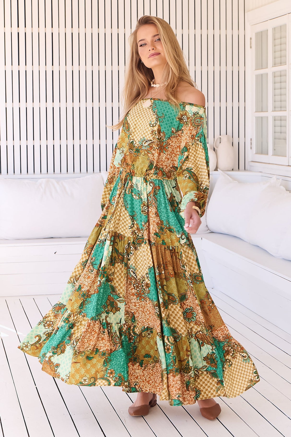 JAASE - Ballet Maxi Dress: Off Shoulder Tiered Dress with Waist Tie in Wanderlust Print