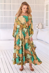 JAASE - Ballet Maxi Dress: Off Shoulder Tiered Dress with Waist Tie in Wanderlust Print