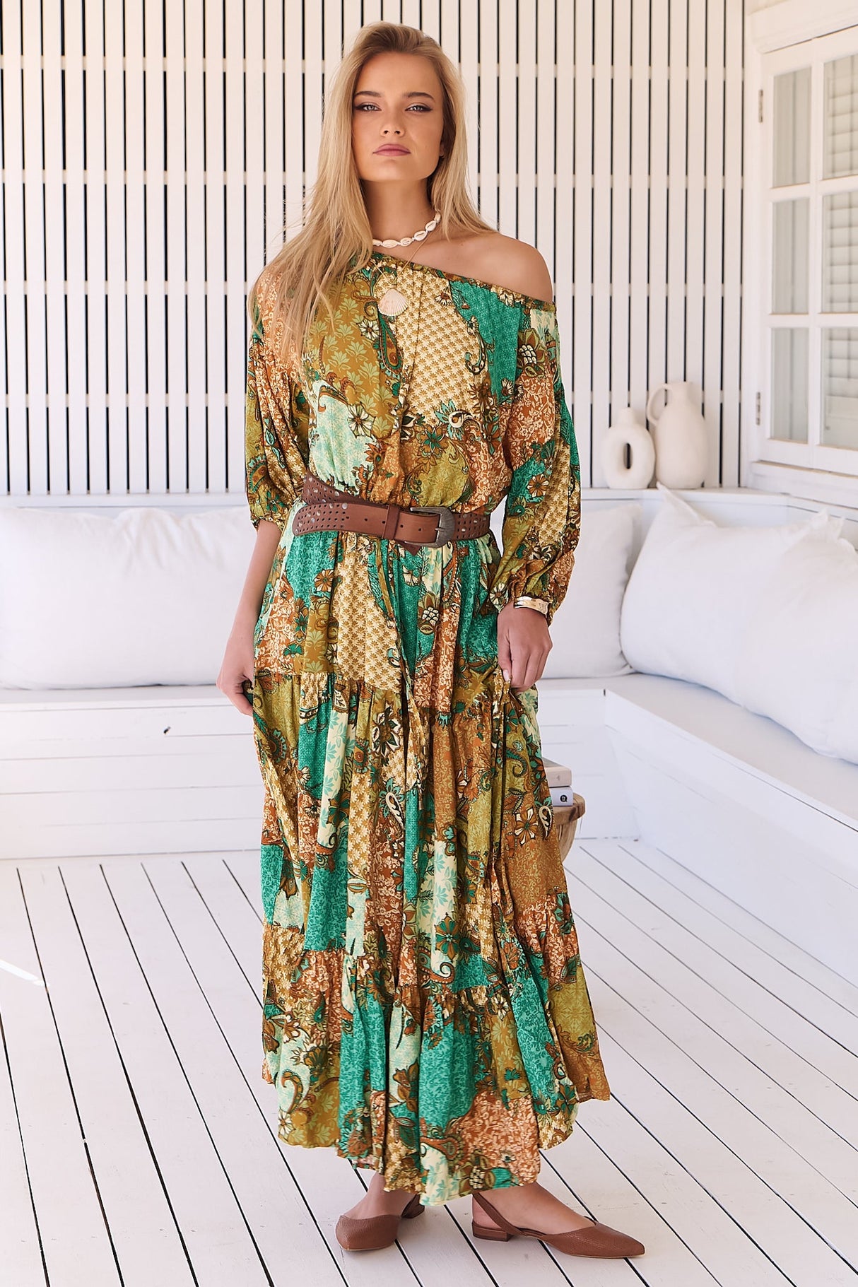 JAASE - Ballet Maxi Dress: Off Shoulder Tiered Dress with Waist Tie in Wanderlust Print