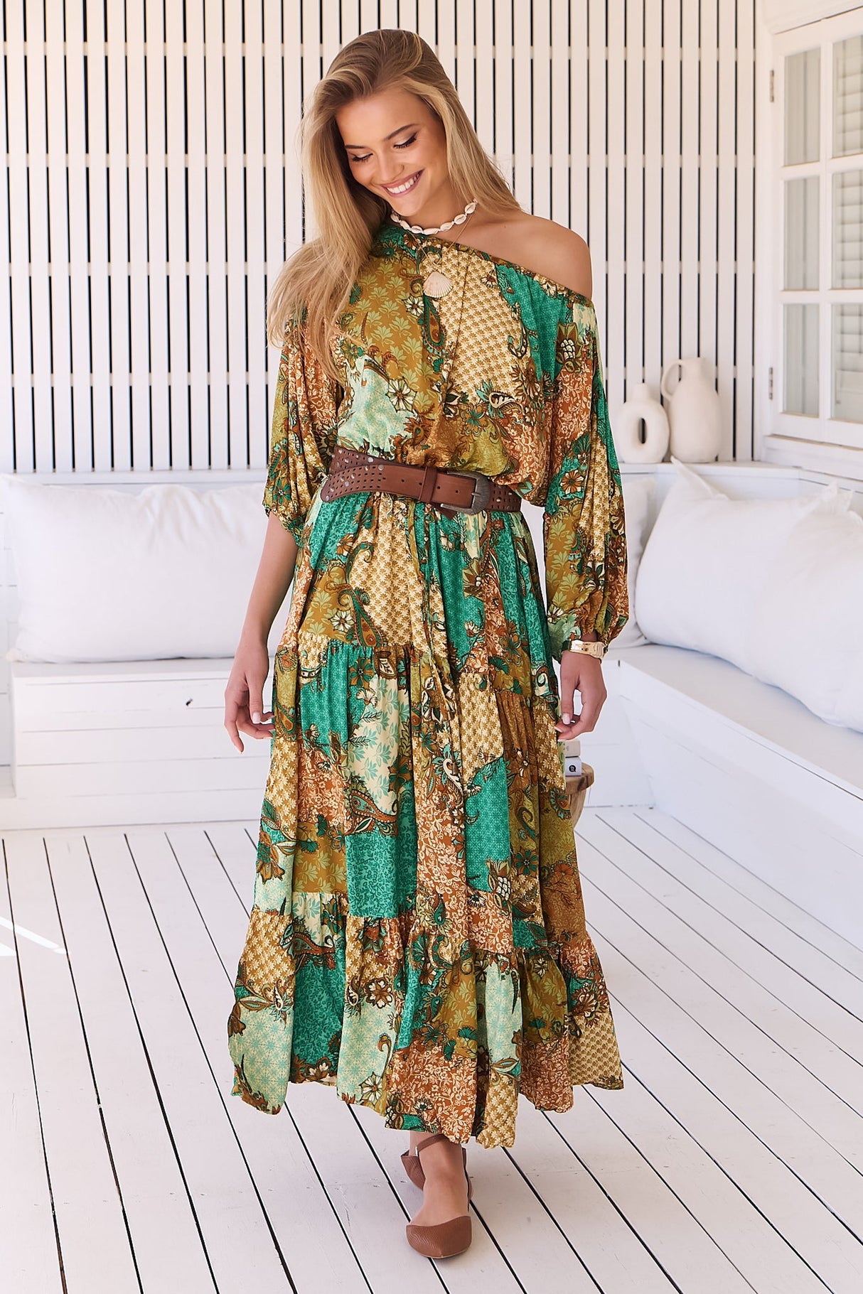 JAASE - Ballet Maxi Dress: Off Shoulder Tiered Dress with Waist Tie in Wanderlust Print