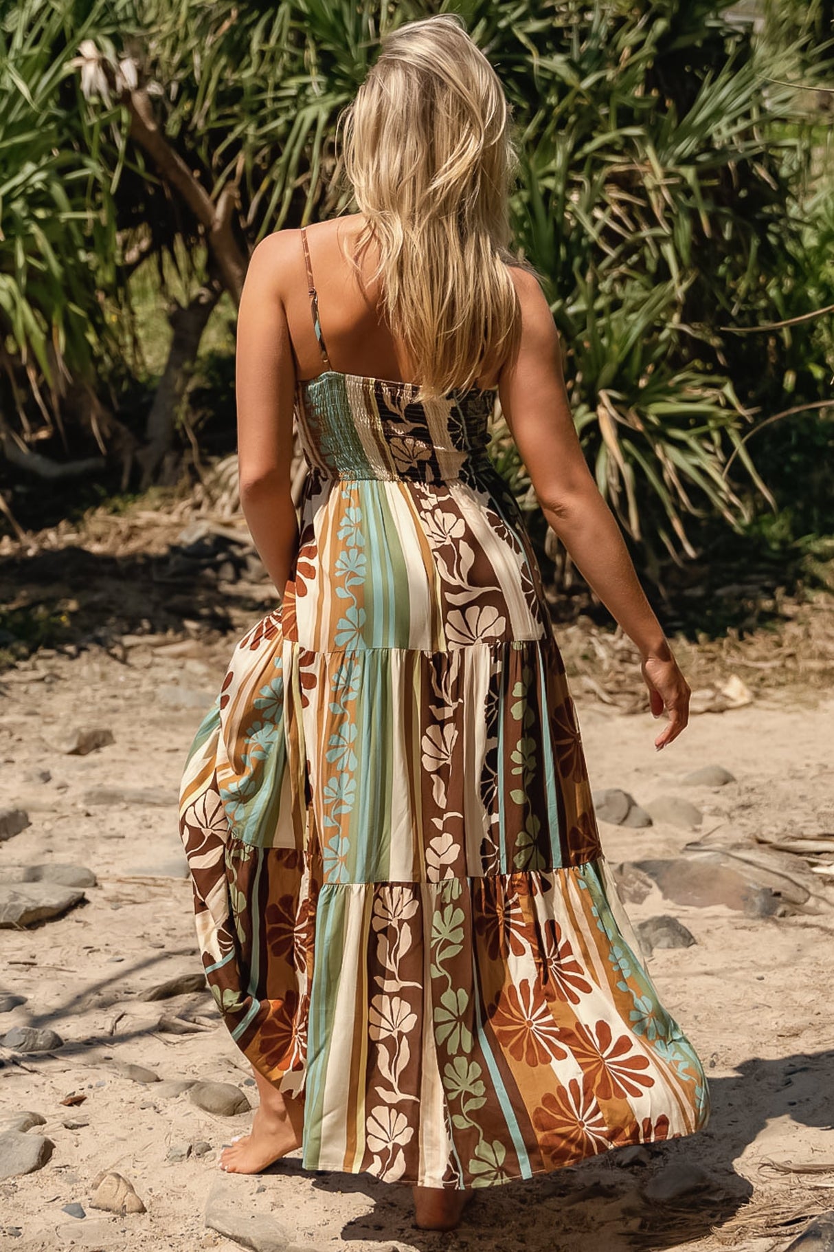 JAASE - Bambi Maxi Dress: Sun Dress with Cut Out Detail and Bow at the Bust in Cacao Mist Print