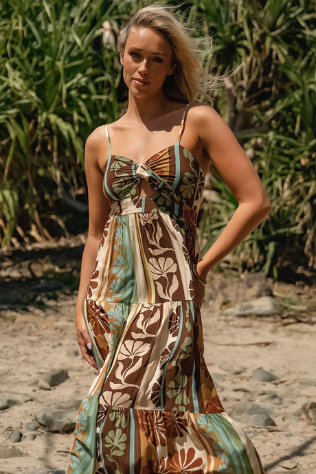 JAASE - Bambi Maxi Dress: Sun Dress with Cut Out Detail and Bow at the Bust in Cacao Mist Print