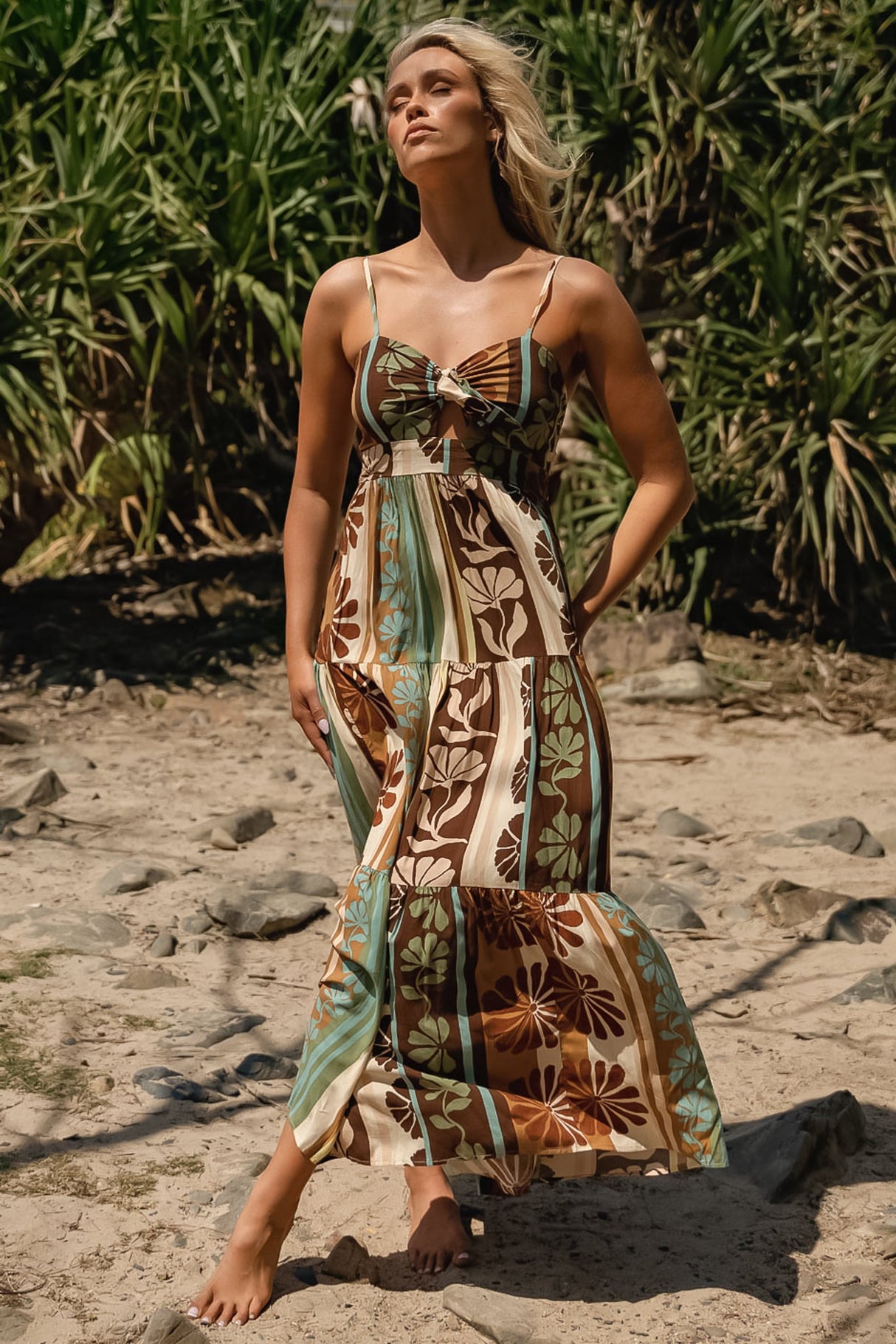 JAASE - Bambi Maxi Dress: Sun Dress with Cut Out Detail and Bow at the Bust in Cacao Mist Print