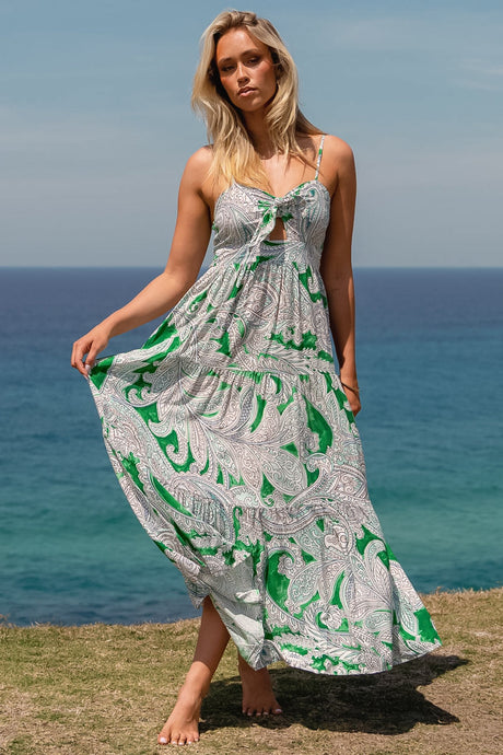 JAASE - Bambi Maxi Dress: Sun Dress with Cut Out Detail and Bow at the Bust in Kashira Print
