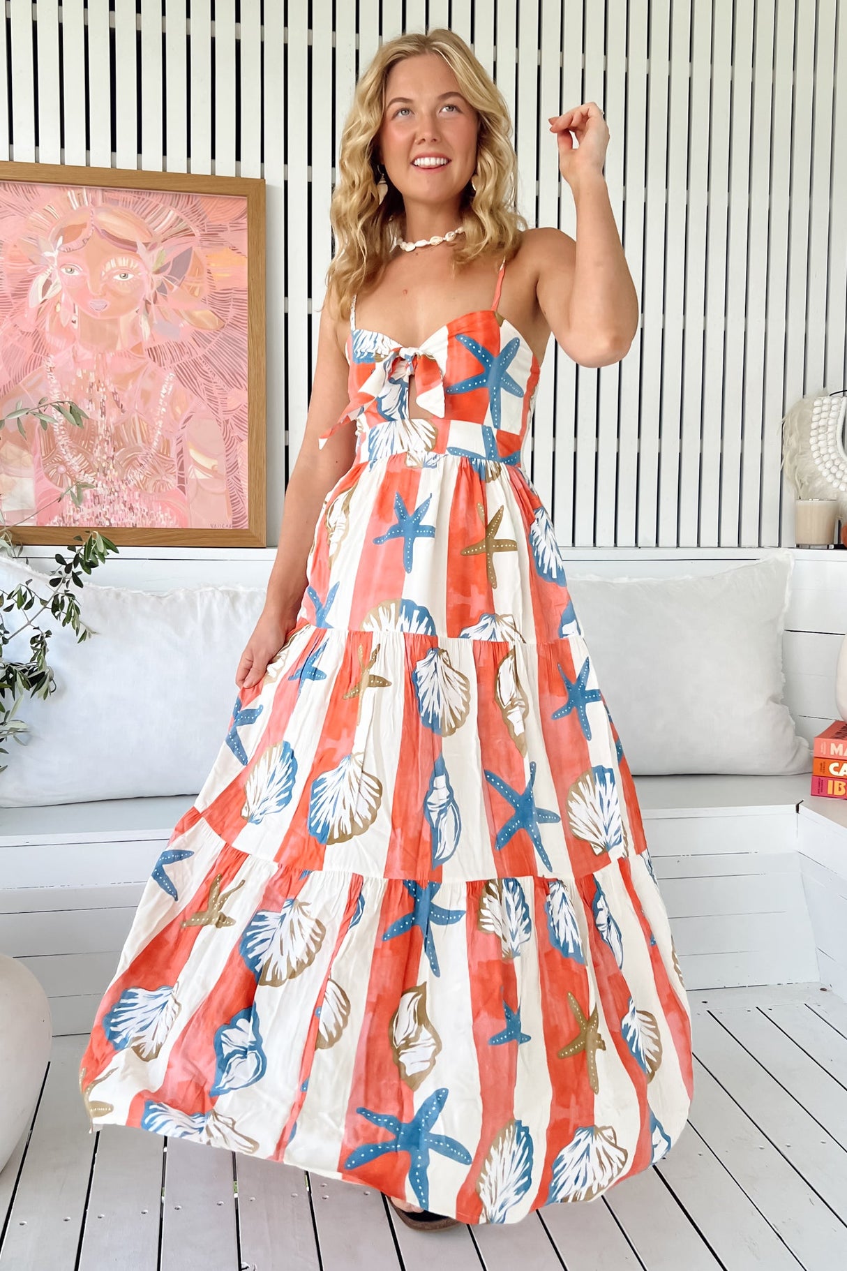 JAASE - Bambi Maxi Dress: Sun Dress with Cut Out Detail and Bow at the Bust in Long Island Print