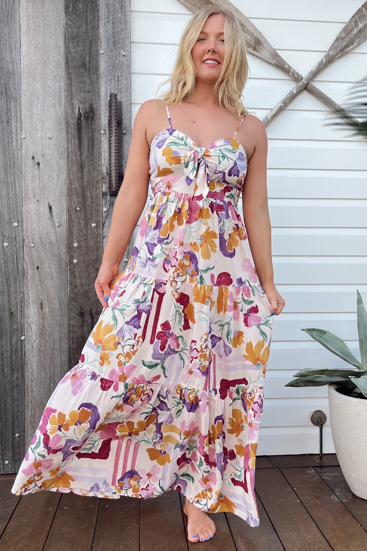 JAASE - Bambi Maxi Dress: Sun Dress with Cut Out Detail and Bow at the Bust in Sweet Lily Print