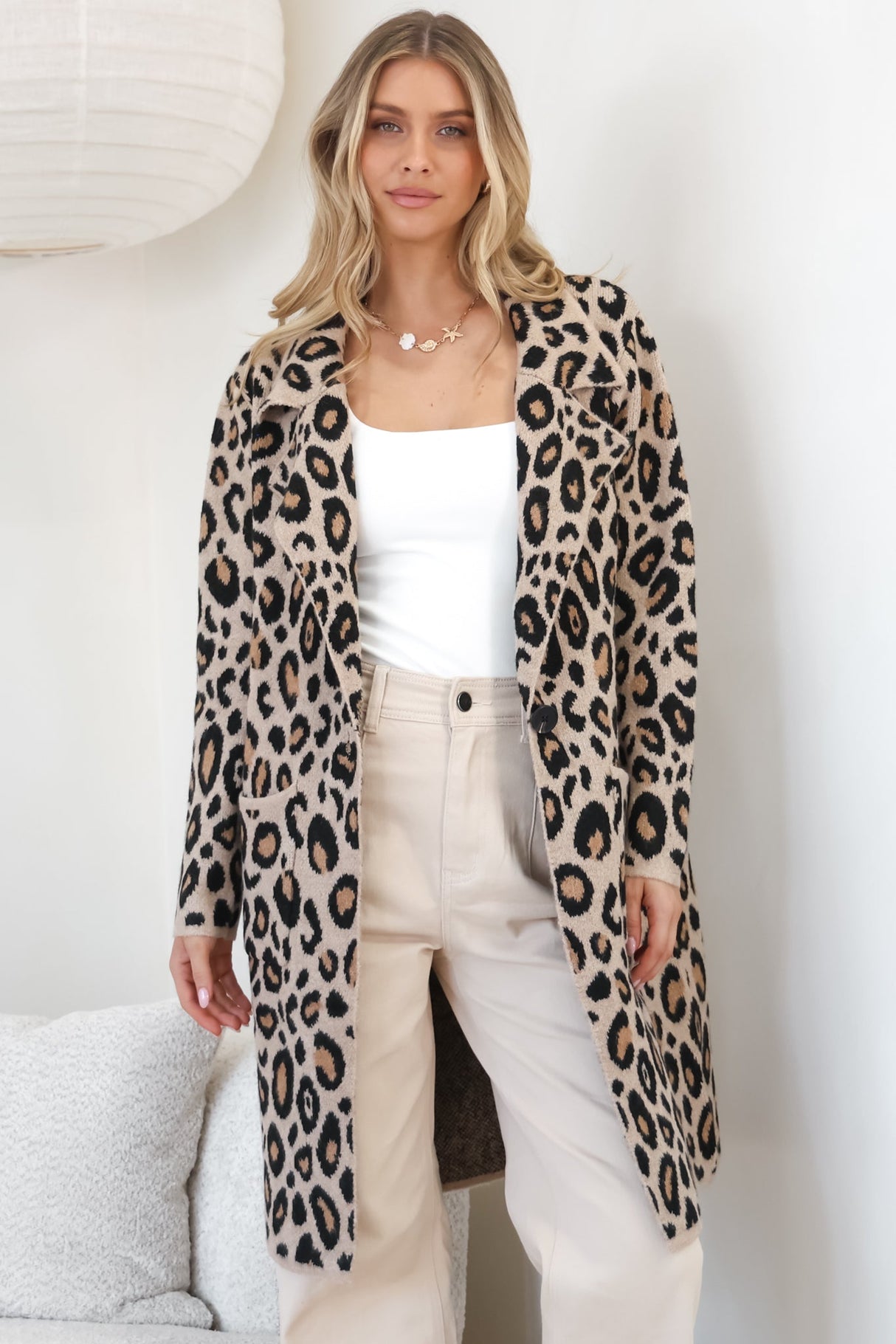 Banks Cardigan - Collared Leopard Print Cardigan with Pockets in Camel