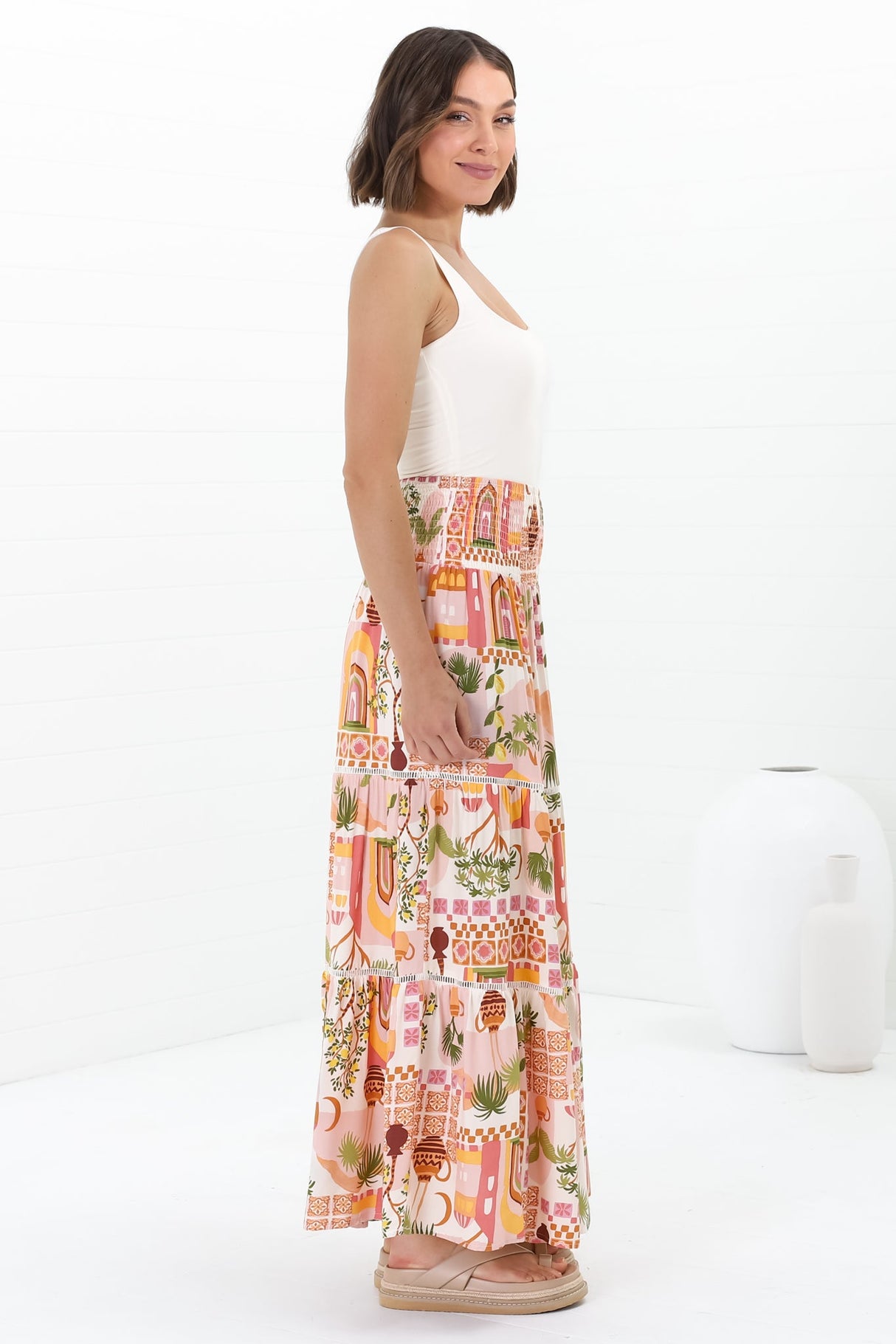 Baroa Maxi Skirt/Midi Dress - Shirred Waistband Tiered Skirt or Dress in Graphic Print