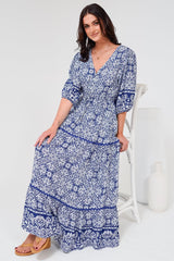 Baxter Maxi Dress - 3/4 Sleeve Tiered Dress with Ric Rac Splicing in Harley Print Blue