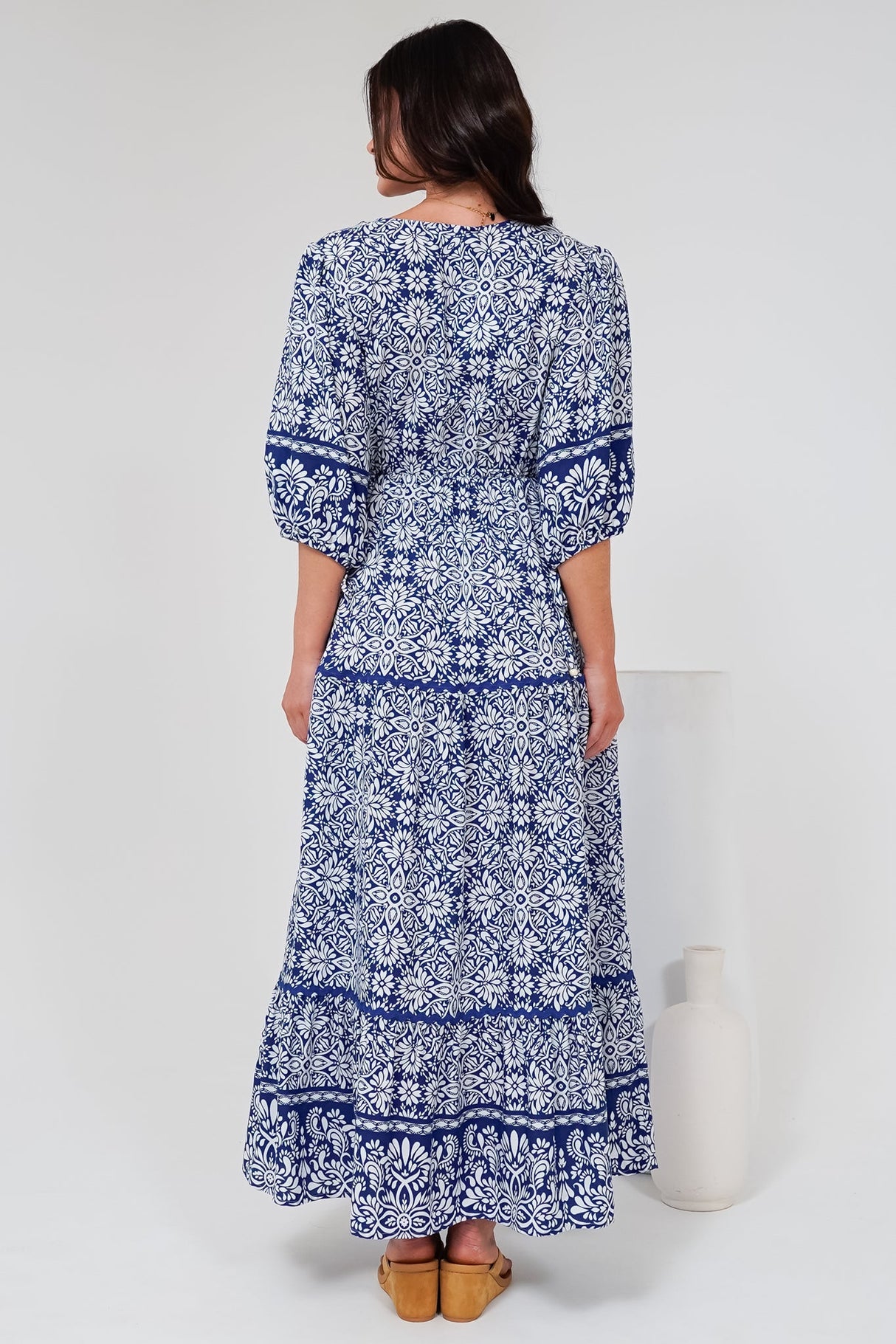Baxter Maxi Dress - 3/4 Sleeve Tiered Dress with Ric Rac Splicing in Harley Print Blue