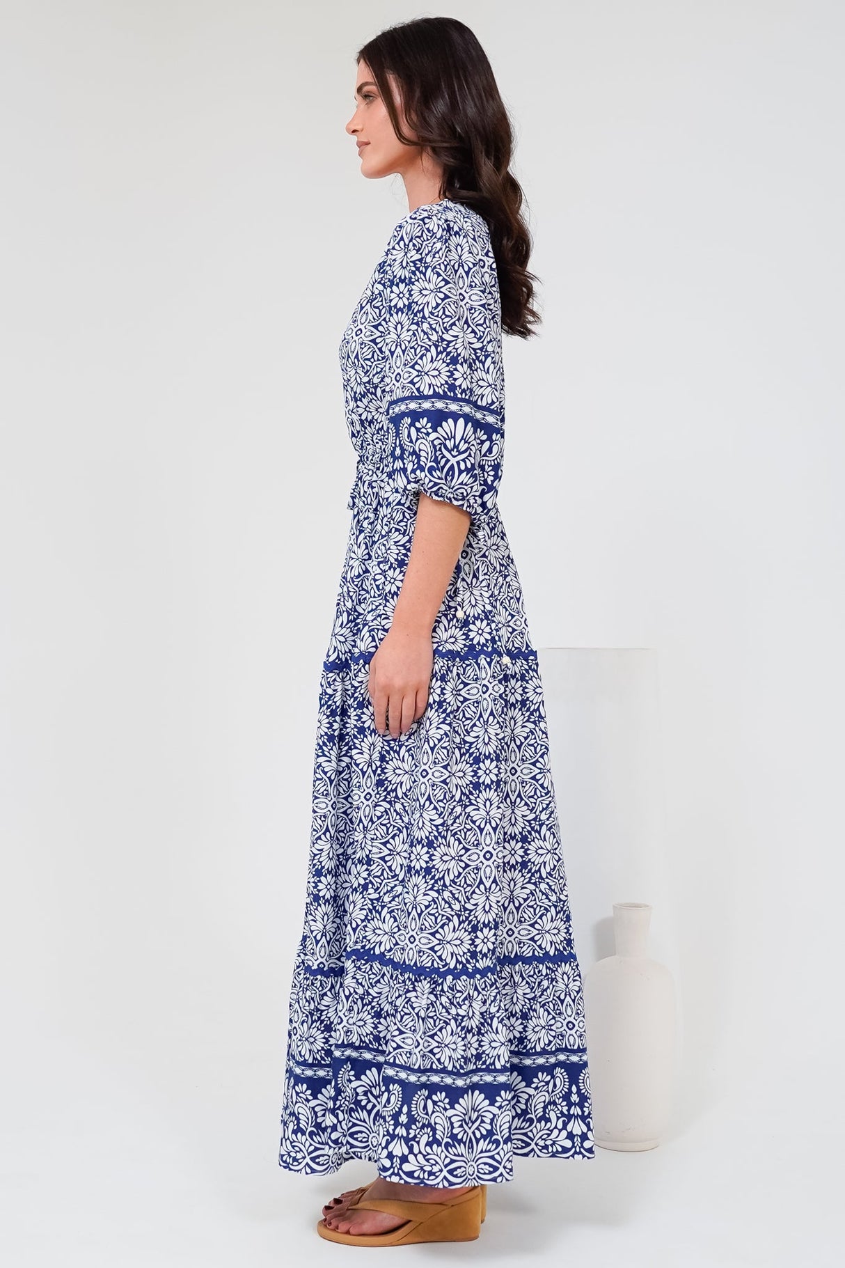 Baxter Maxi Dress - 3/4 Sleeve Tiered Dress with Ric Rac Splicing in Harley Print Blue