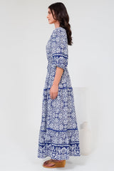 Baxter Maxi Dress - 3/4 Sleeve Tiered Dress with Ric Rac Splicing in Harley Print Blue