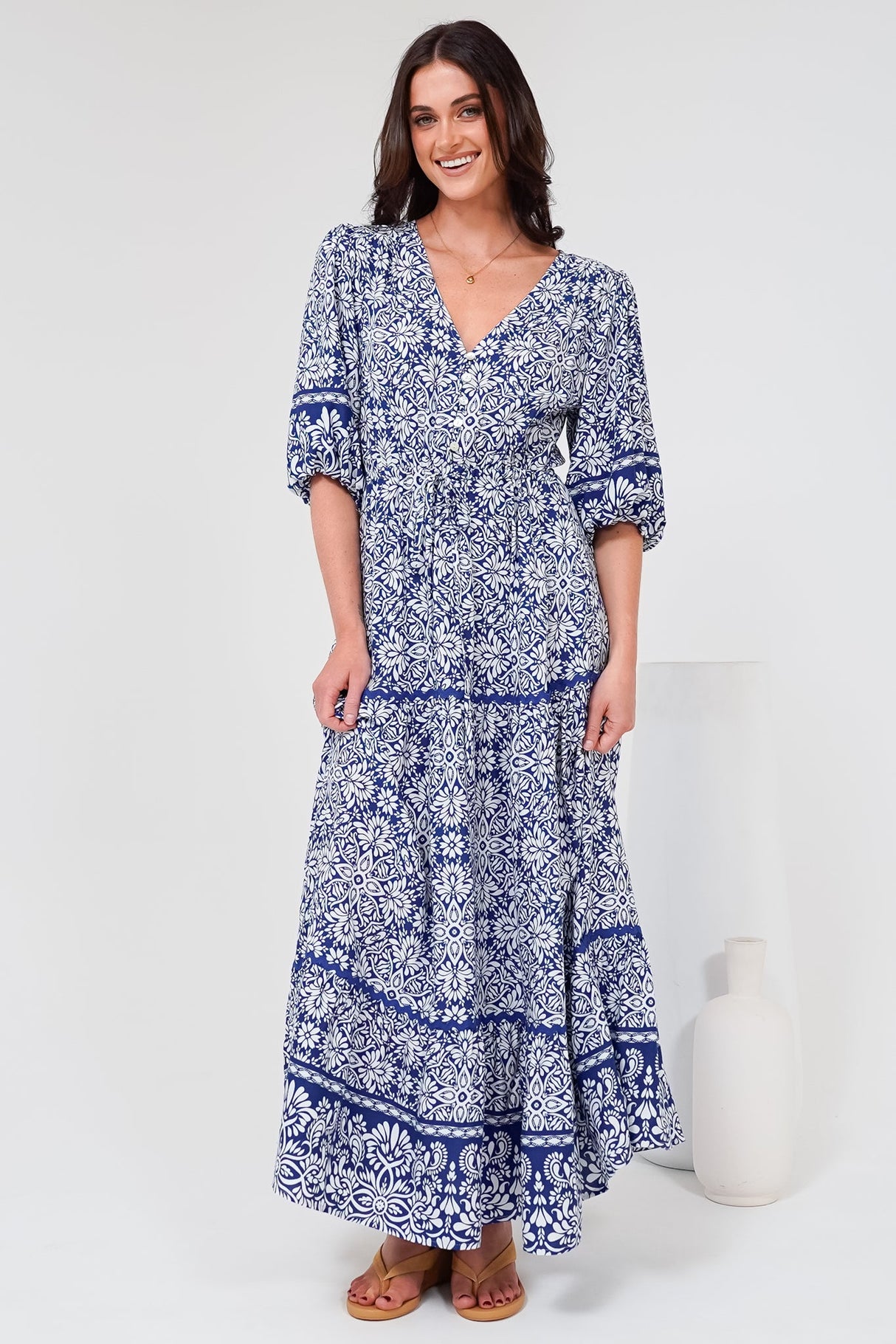 Baxter Maxi Dress - 3/4 Sleeve Tiered Dress with Ric Rac Splicing in Harley Print Blue