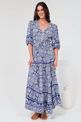 Baxter Maxi Dress - 3/4 Sleeve Tiered Dress with Ric Rac Splicing in Harley Print Blue