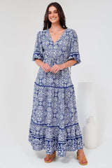 Baxter Maxi Dress - 3/4 Sleeve Tiered Dress with Ric Rac Splicing in Harley Print Blue