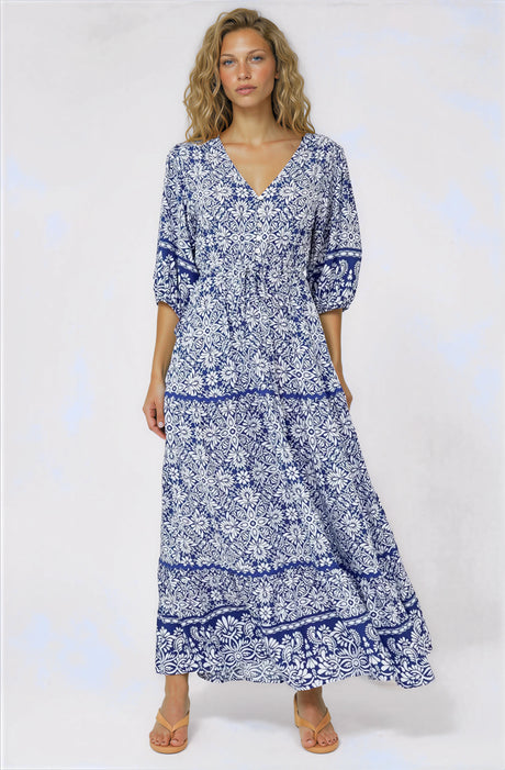 Baxter Maxi Dress - 3/4 Sleeve Tiered Dress with Ric Rac Splicing in Harley Print Blue