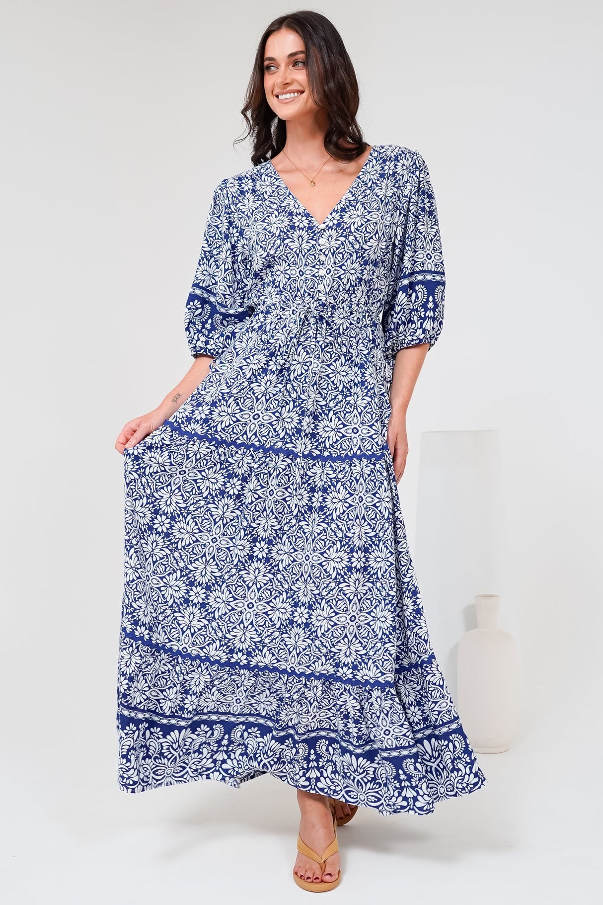 Baxter Maxi Dress - 3/4 Sleeve Tiered Dress with Ric Rac Splicing in Harley Print Blue