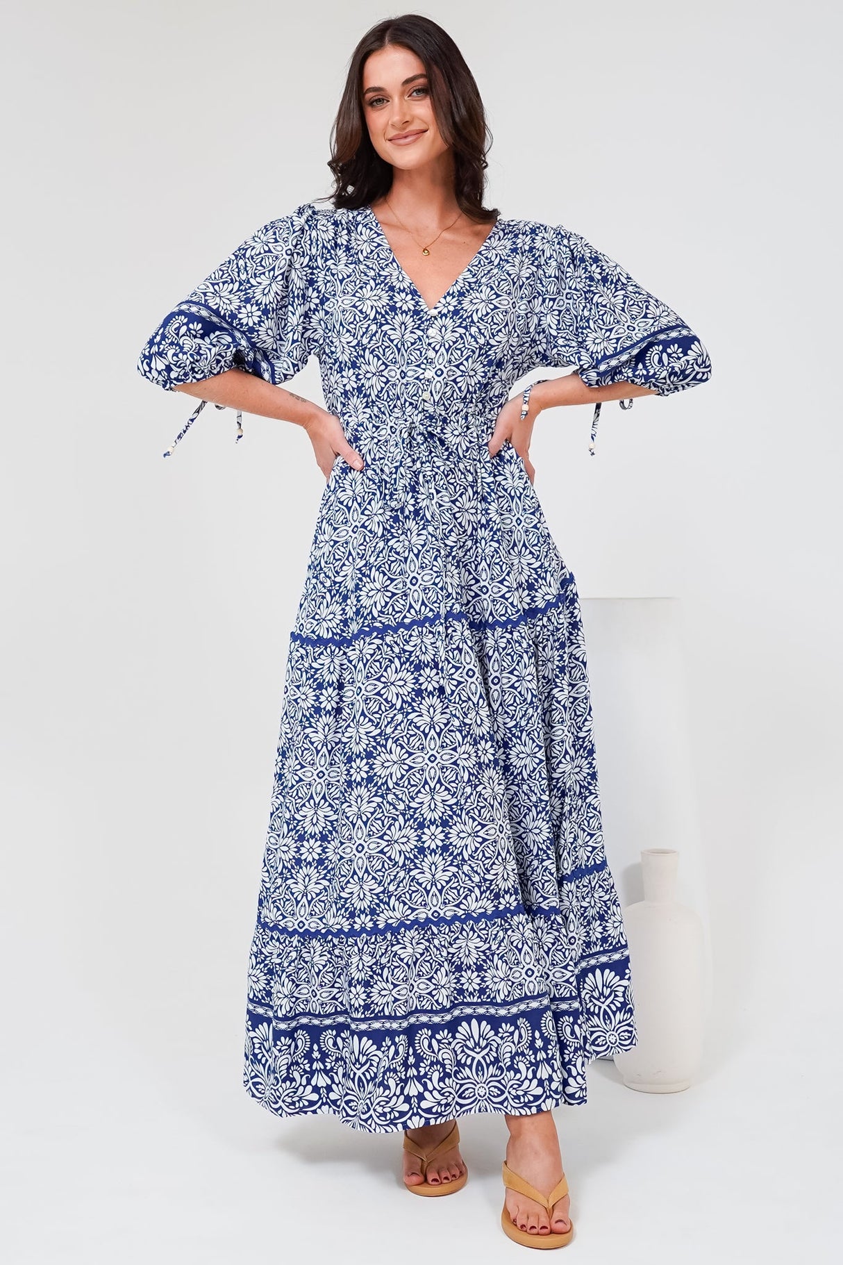 Baxter Maxi Dress - 3/4 Sleeve Tiered Dress with Ric Rac Splicing in Harley Print Blue