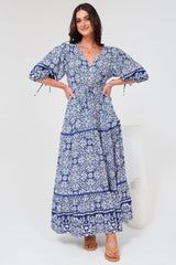 Baxter Maxi Dress - 3/4 Sleeve Tiered Dress with Ric Rac Splicing in Harley Print Blue