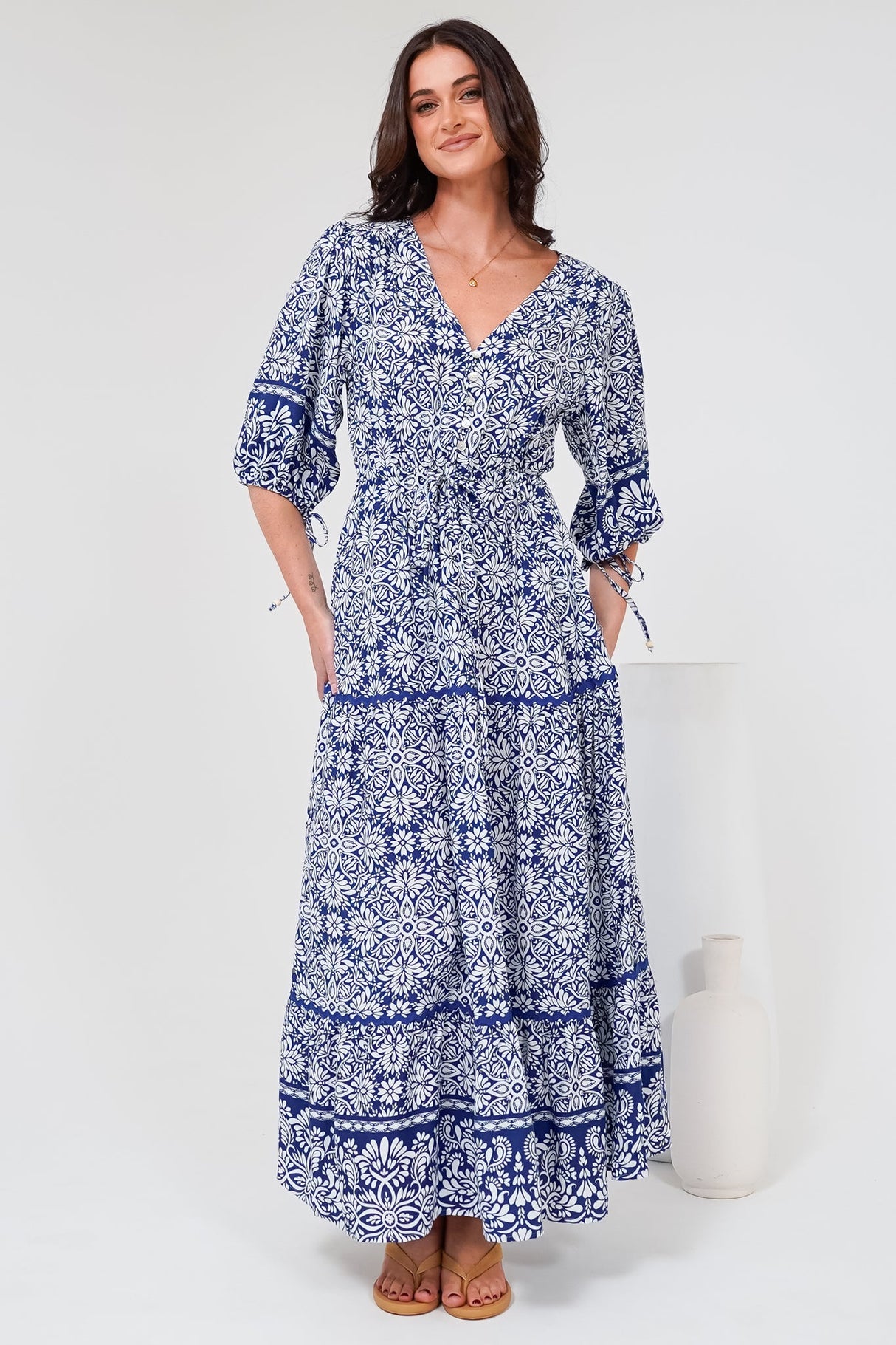 Baxter Maxi Dress - 3/4 Sleeve Tiered Dress with Ric Rac Splicing in Harley Print Blue