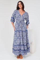 Baxter Maxi Dress - 3/4 Sleeve Tiered Dress with Ric Rac Splicing in Harley Print Blue