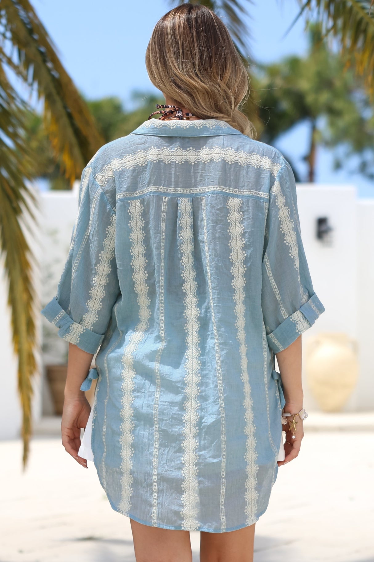 Beachly Embroidered Shirt - Collared Button Down Oversized Shirt in Blue