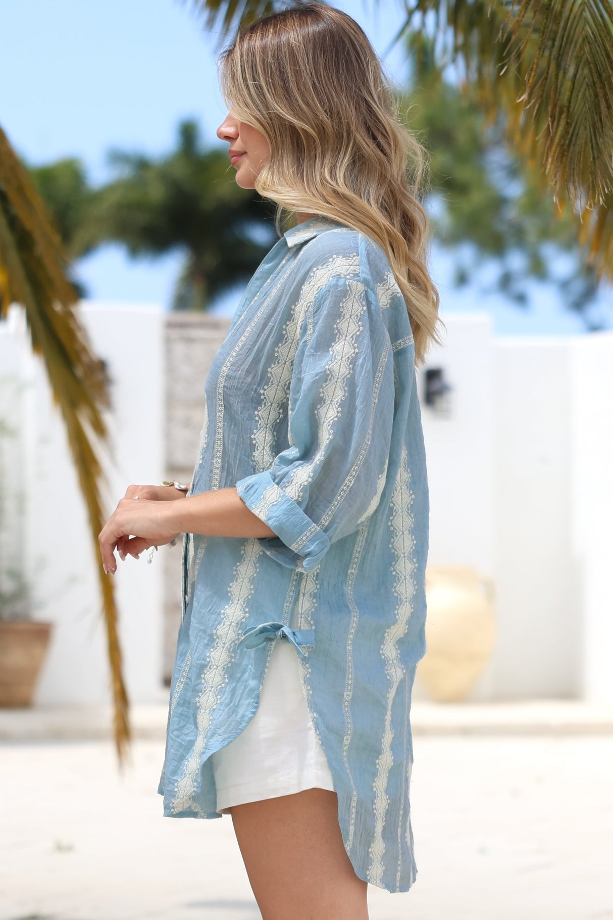 Beachly Embroidered Shirt - Collared Button Down Oversized Shirt in Blue