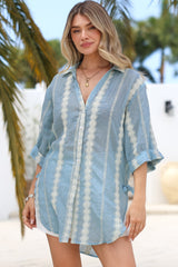 Beachly Embroidered Shirt - Collared Button Down Oversized Shirt in Blue